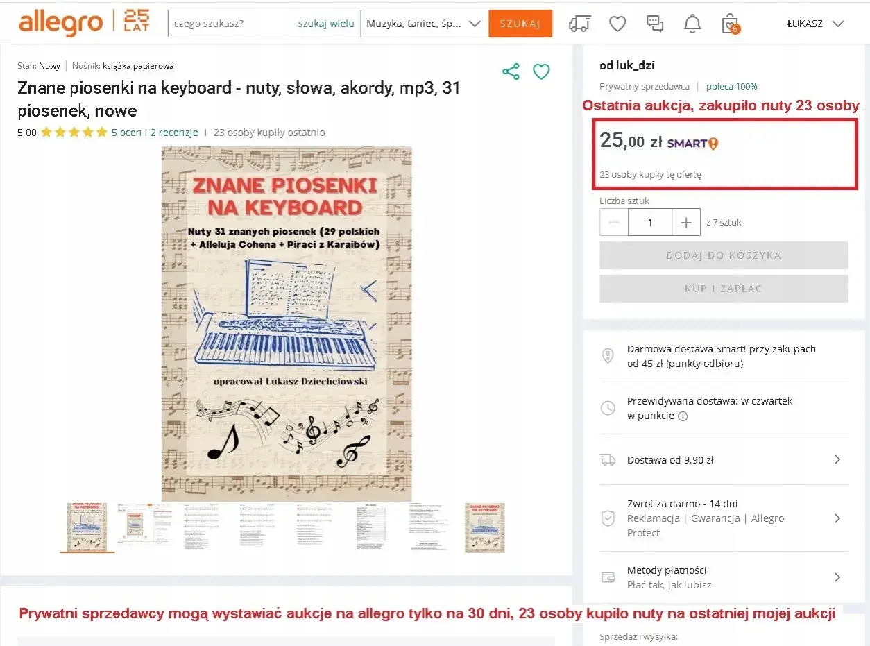 Książka z nutami, słowami i akordami do gry na keyboardzie. Zawiera 31 znanych piosenek.
