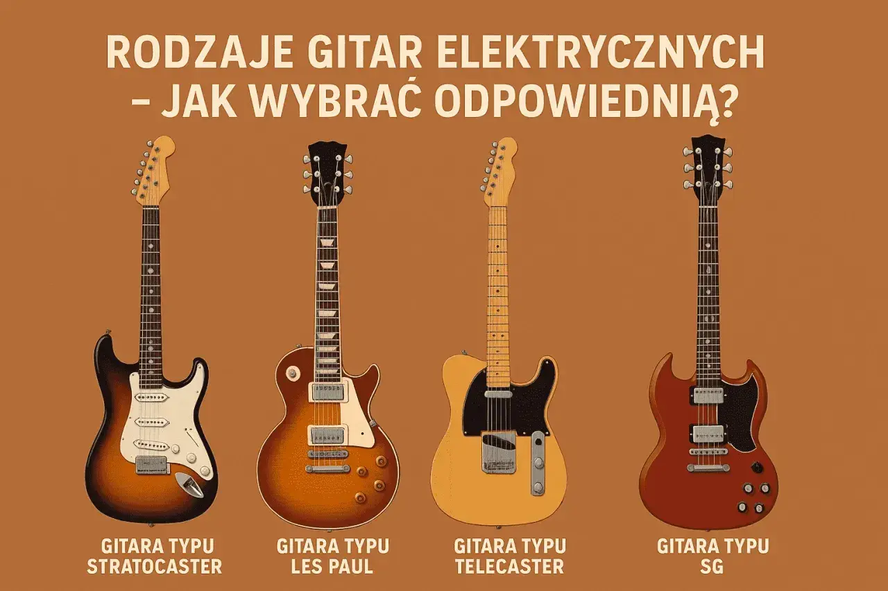 Cztery kultowe gitary elektryczne: Stratocaster, Les Paul, Telecaster i SG. Różne marki, różne brzmienia, idealne dla każdego gitarzysty.