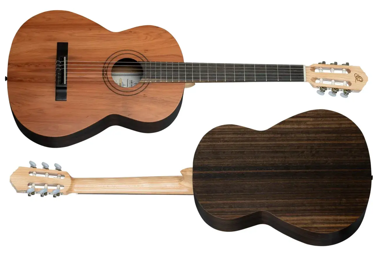 Klasyczna gitara z drewnianym korpusem i podstrunnicą. Widoczna menzura w gitarze, struny i klucze strojeniowe.