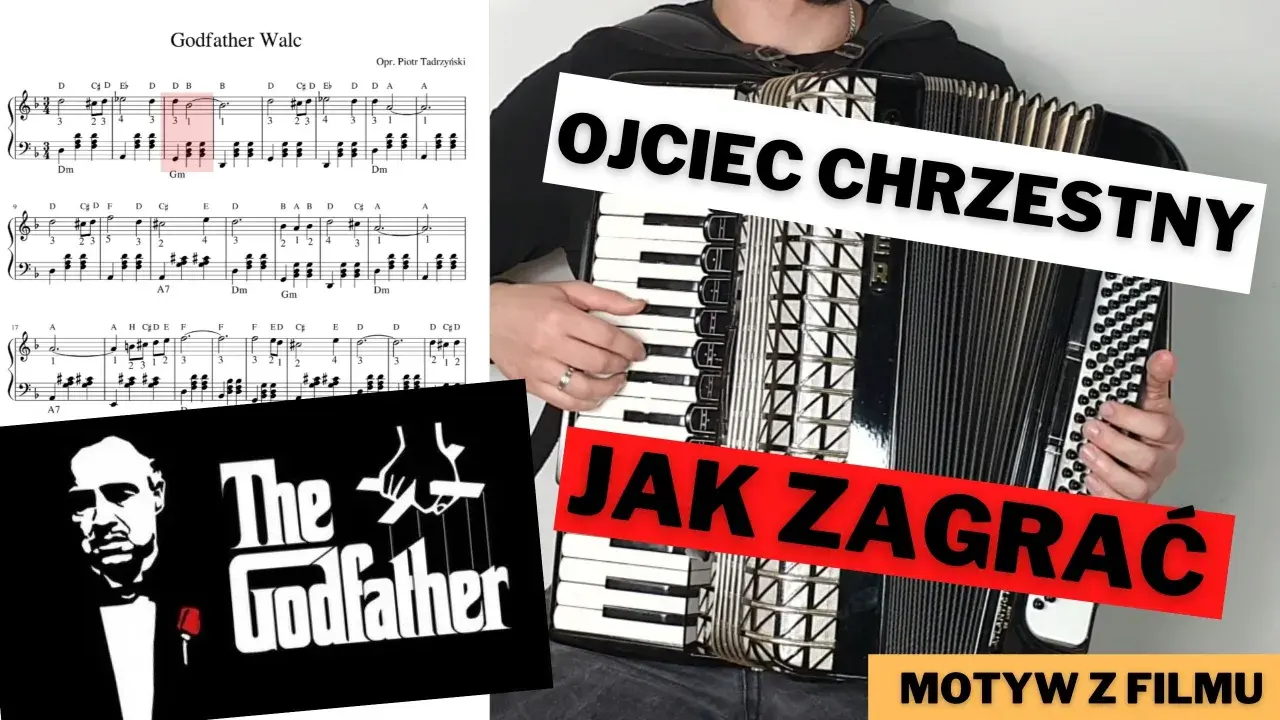 Nuty "Ojciec Chrzestny Walc" i akordeonista grający motyw z filmu. Kompozytor muzyki z filmu "Ojciec Chrzestny" w akcji.