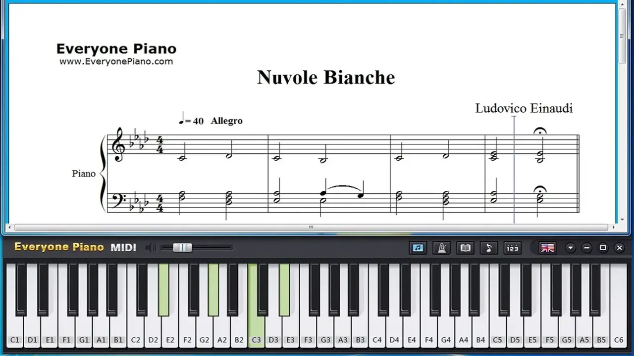 Nuty "Nuvole Bianche" Ludovico Einaudi na ekranie programu Everyone Piano. Wirtualna klawiatura podświetla klawisze.