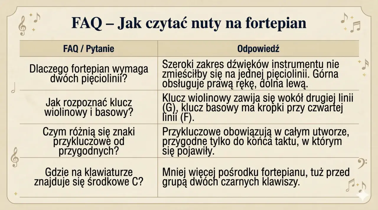 FAQ o nauce nut od podstaw na fortepian: wyjaśnienie kluczy, znaków i położenia środkowego C.