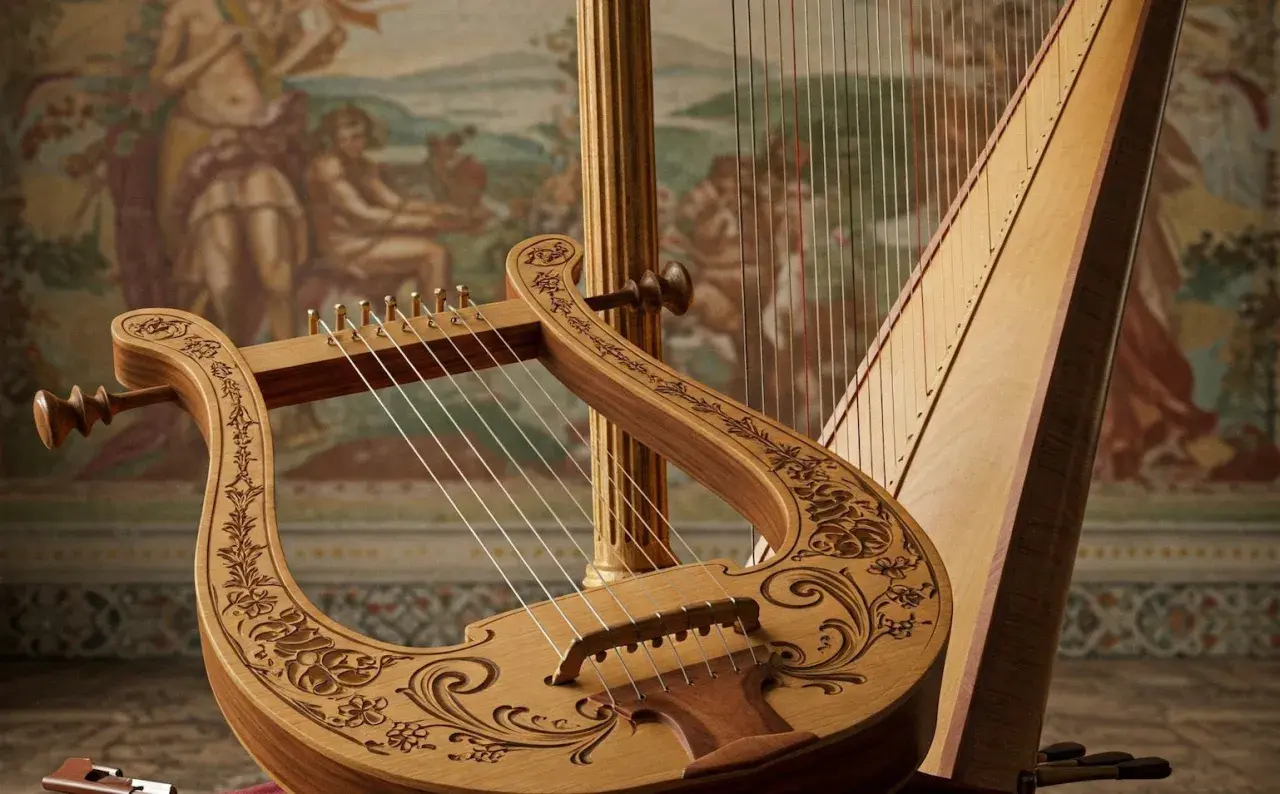 Starogrecki instrument strunowy, lirę, zdobią misternie wycięte wzory. Obok niej stoi harfa, tworząc muzyczną opowieść.