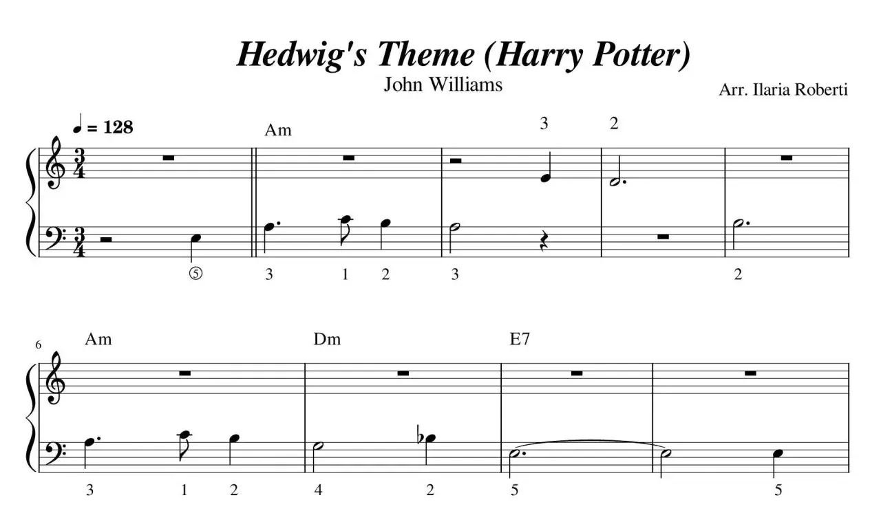 Nuty literowe Hedwig's Theme z Harry'ego Pottera. John Williams skomponował tę magiczną melodię, a Ilaria Roberti ją zaaranżowała.