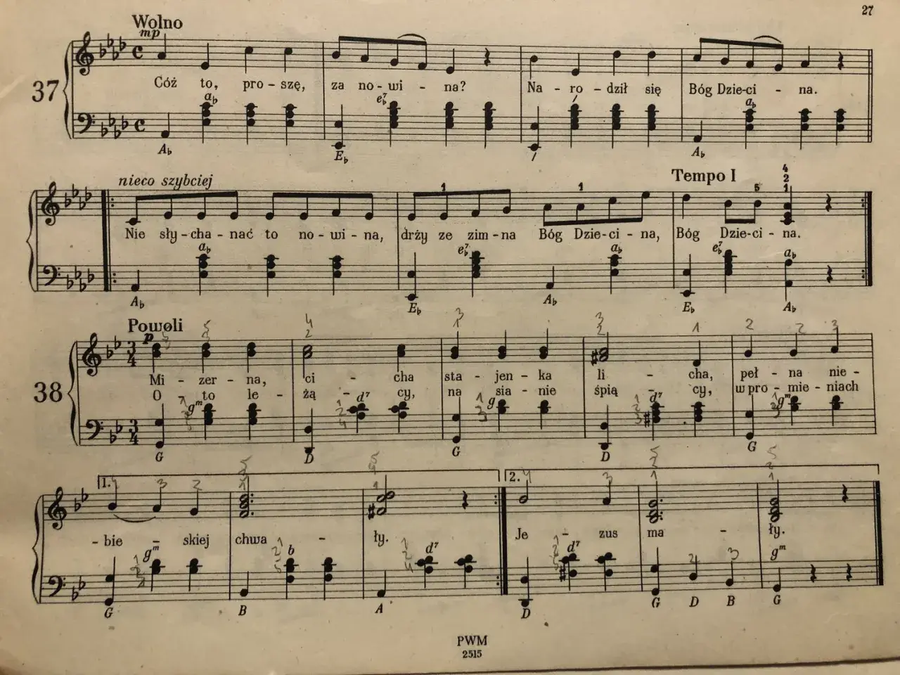 Nuty z oznaczeniem "pianissimo" w utworze "Wolno", gdzie melodia płynie delikatnie, jak szept.