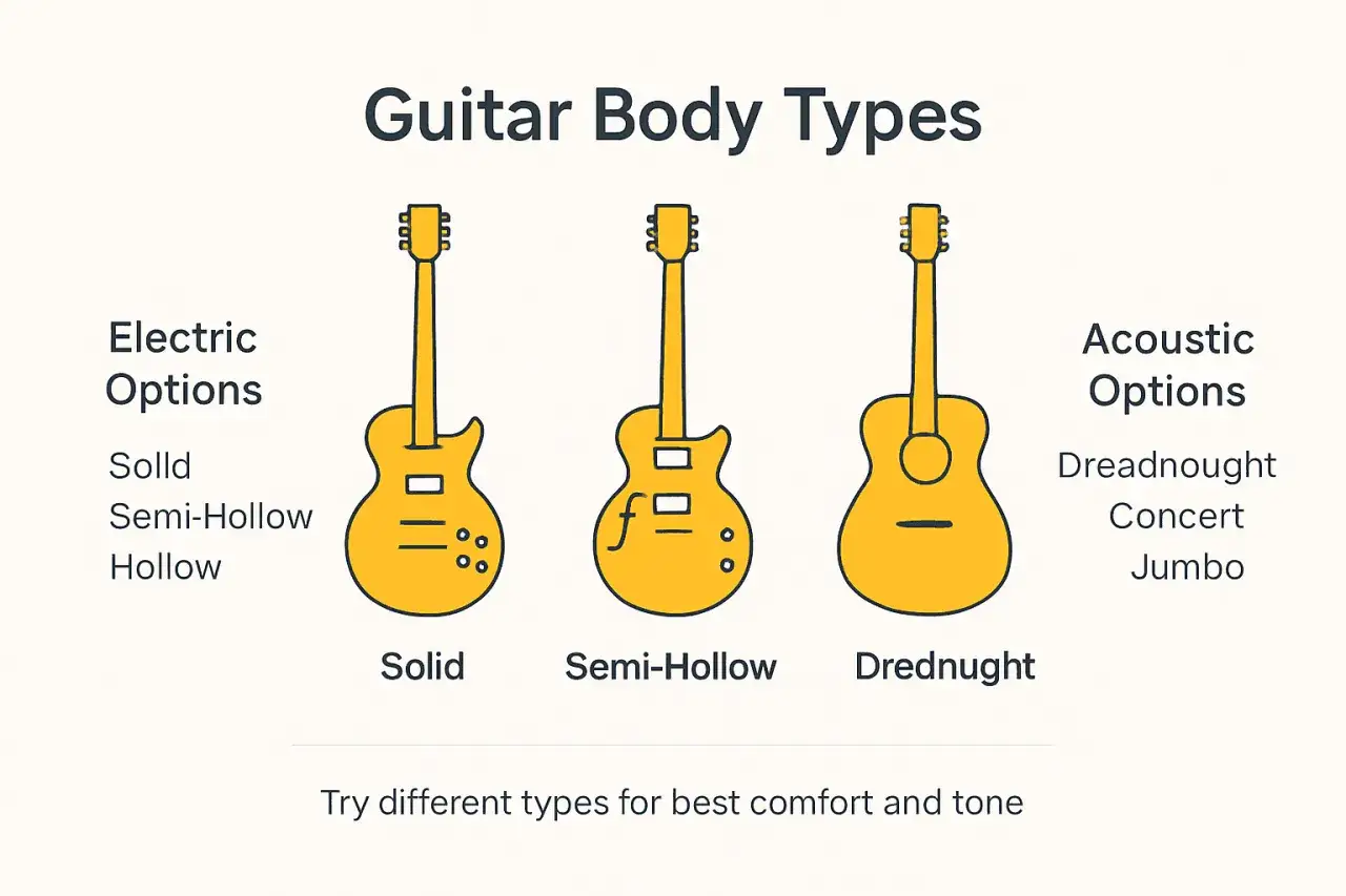 Ilustracja pokazuje, jak wygląda gitara: solid, semi-hollow i dreadnought.