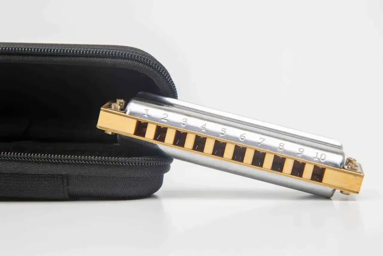 Srebrna harmonijka ustna z numerowanymi otworami leży obok czarnego etui. Różne rodzaje harmonijek czekają na odkrycie.