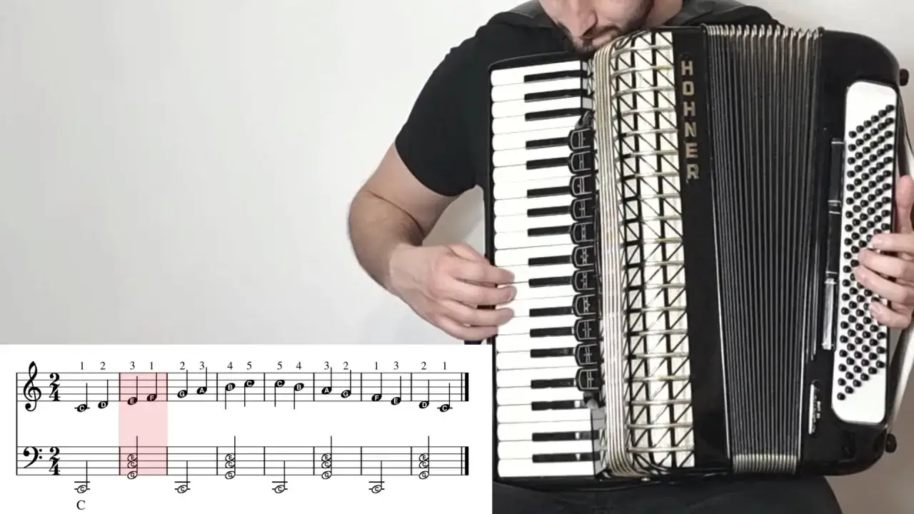 Mężczyzna gra na akordeonie, a obok nuty pokazują, jak grać. Ten instrument to akordeon.