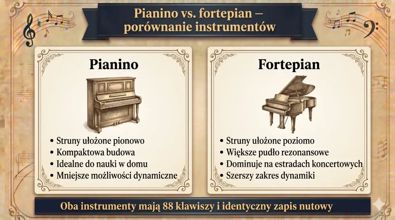 Porównanie pianina i fortepianu: pionowe struny pianina kontra poziome fortepianu. Oba instrumenty mają 88 klawiszy.