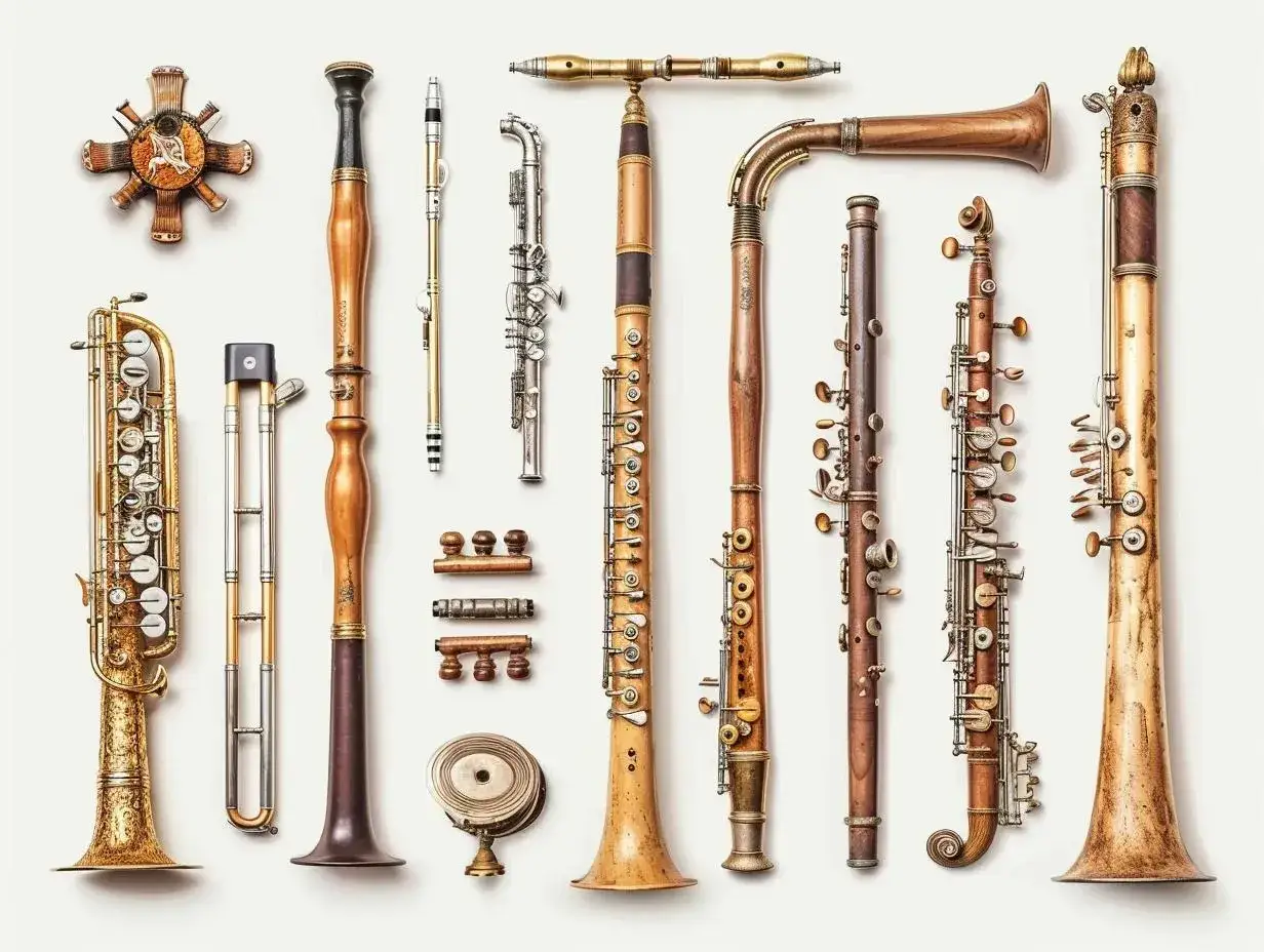 Kolekcja instrumentów dętych, od saksofonu po flety, wykonanych z drewna i metalu, prezentuje bogactwo form i detali.