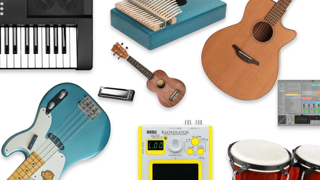 Klawiatura, gitara, ukulele, bas, kalimba, harmonijka, bębny i syntezator – proste instrumenty muzyczne do tworzenia dźwięków.