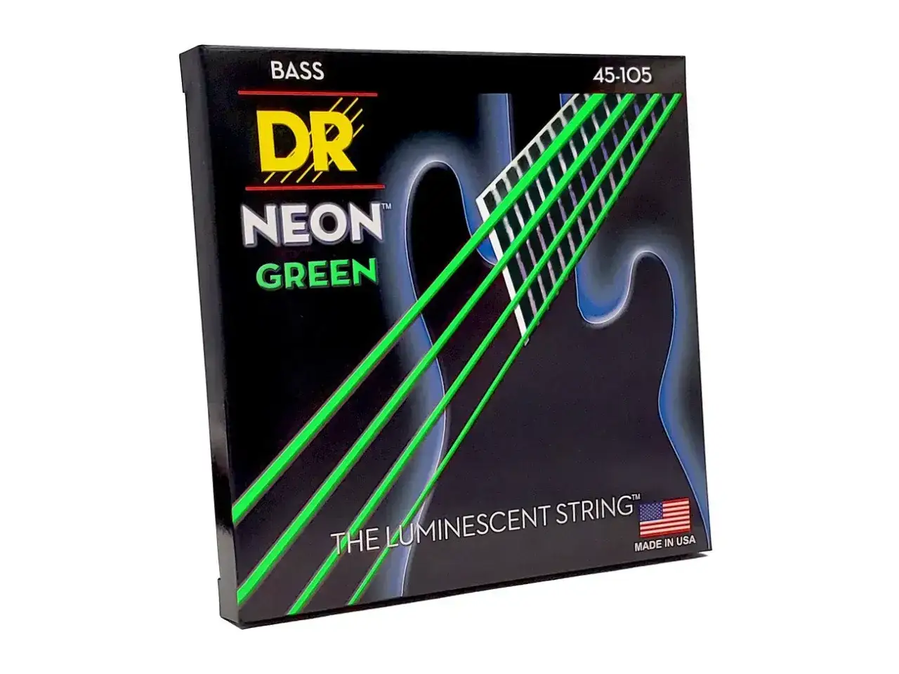 Opakowanie strun basowych DR NEON GREEN z neonowo-zielonymi strunami, gotowymi do wydobycia mocnego brzmienia.