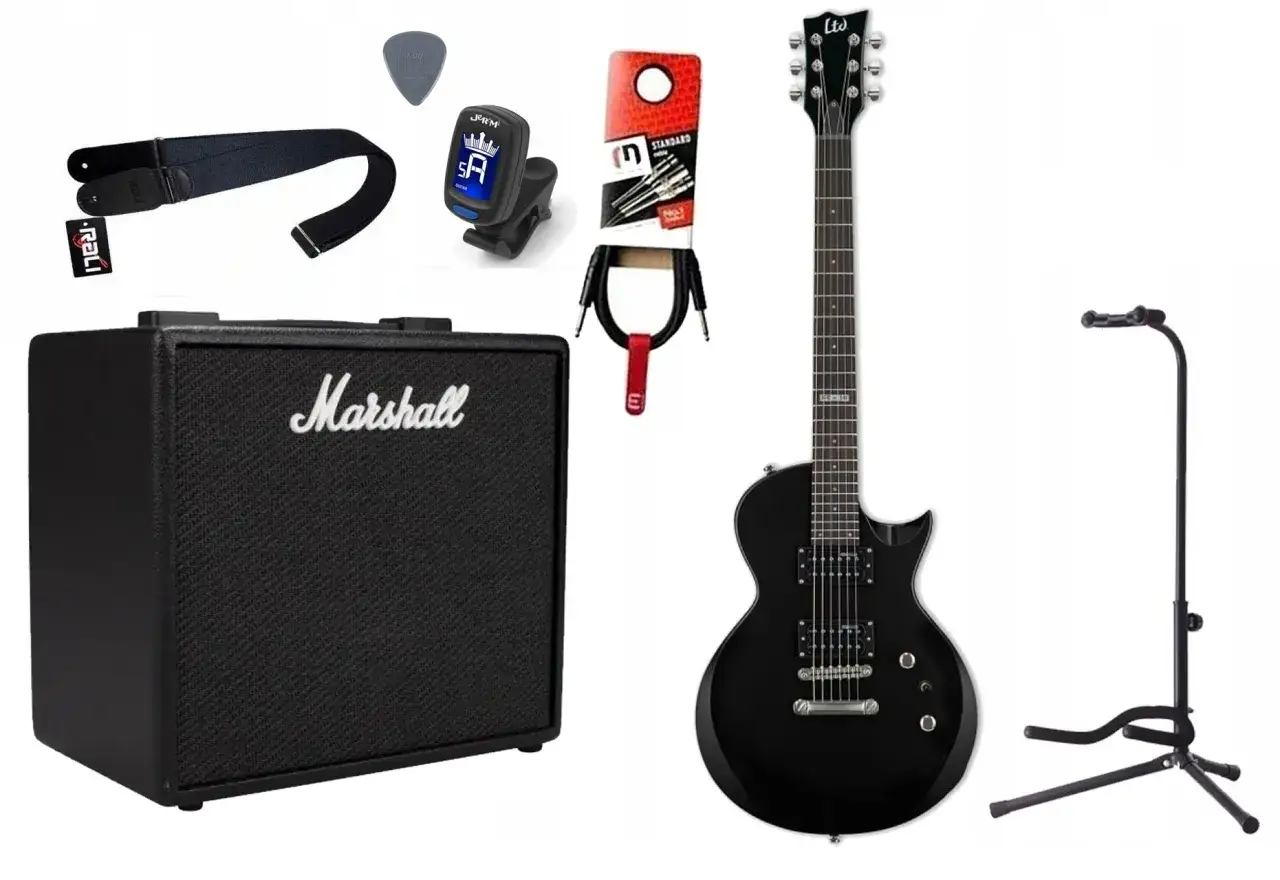 Czarna gitara elektryczna, wzmacniacz Marshall, pasek, stroik, kostki, kable i statyw &ndash; to wszystko jest potrzebne do gitary elektrycznej, by zacząć grać.