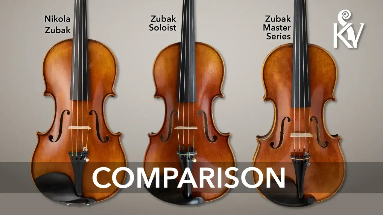 Trzy skrzypce Zubak: Nikola, Soloist i Master Series. Każde z nich ma cztery struny, gotowe do wydobycia pięknych dźwięków.