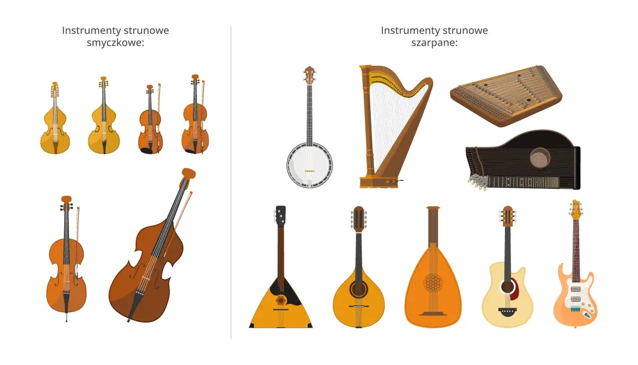 Instrumenty smyczkowe i szarpane: skrzypce, altówka, wiolonczela, kontrabas, harfa, banjo, gitary, mandolina, lutnia, cymbały.