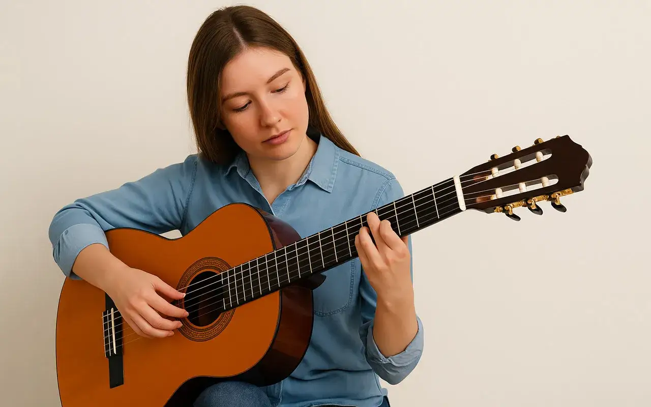Młoda dziewczyna gra na gitarze klasycznej. Idealna gitara 3/4 dla kogoś, kto dopiero zaczyna swoją muzyczną przygodę.